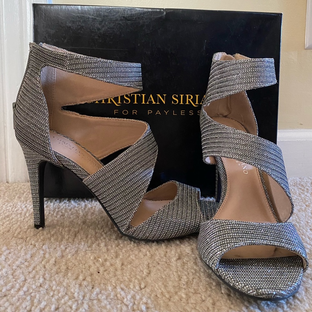 Christian Siriano gray sparkle heels
